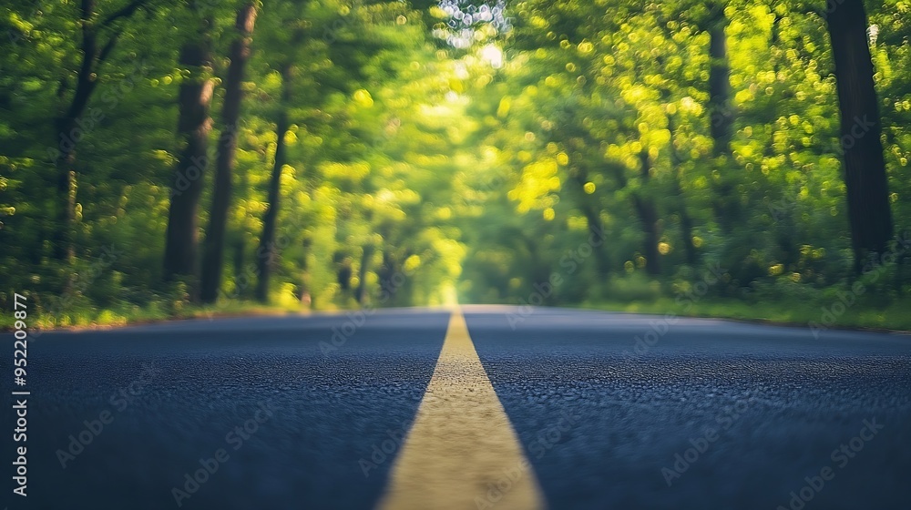Aufkleber turn on the empty road through the green trees : generative ai