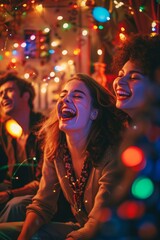 Friends Enjoying a Fun-Filled Karaoke Night with Colorful Lights in a Cozy Room