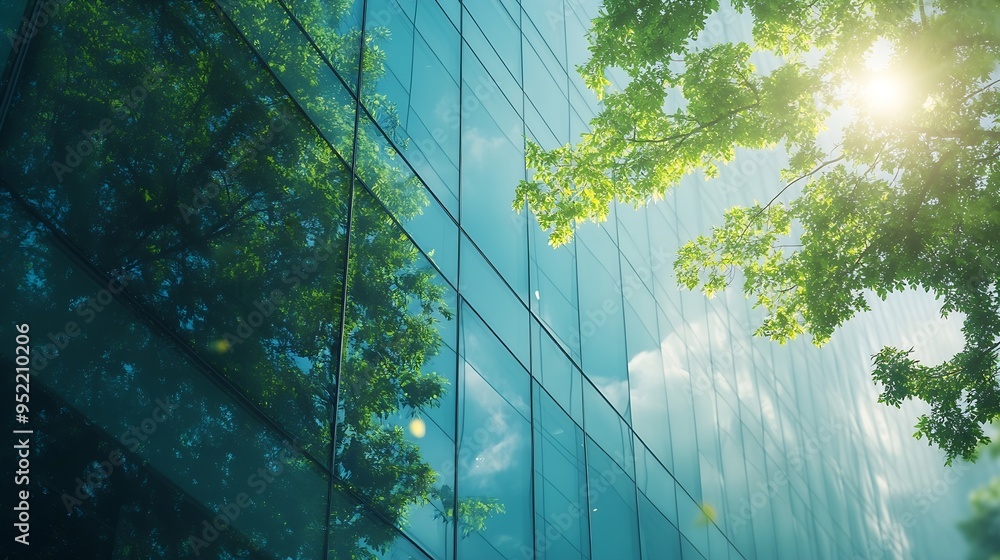 Aufkleber eco architecture green tree and glass office building the harmony of nature and modernity reflection
