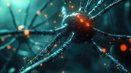 A robot's nervous system, featuring fiber-optic nerves with a focus on the connection hubs.