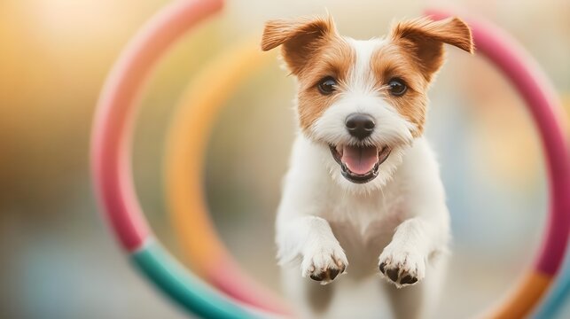 A joyful dog leaps through colorful hoops, showcasing agility and playfulness in a bright outdoor setting. pet training concept.