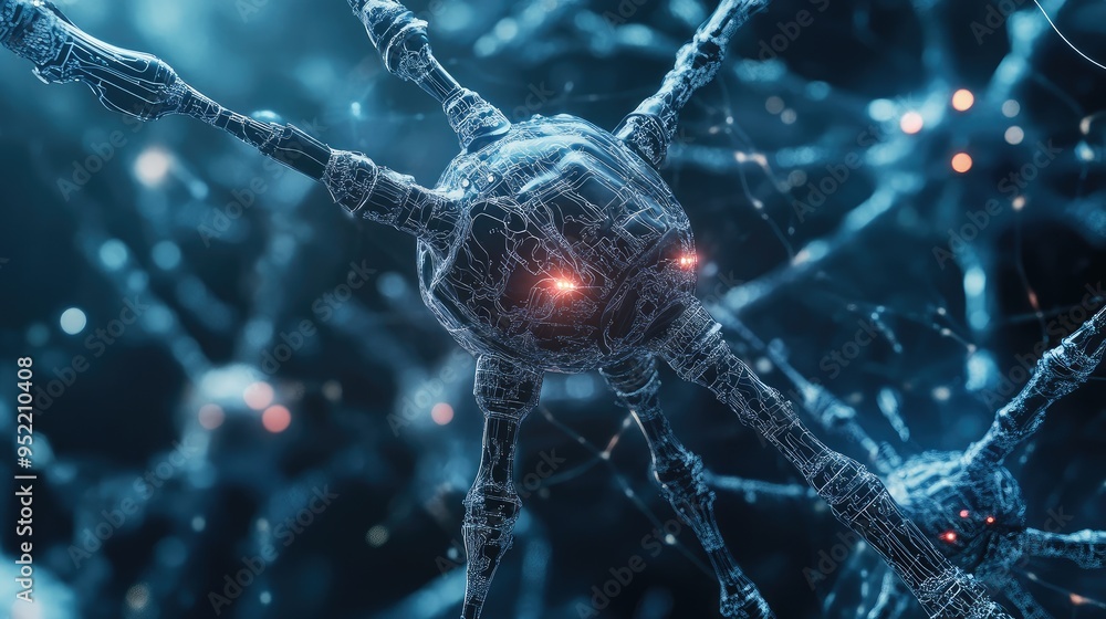 Aufkleber a robot's neural circuitry in a detailed view, with focus on the data transmission points and synaps