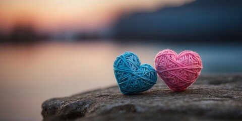 Two pink and blue clews in shape of heart.