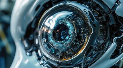 A robot's synthetic eye, with a focus on the lens and internal circuitry, capturing the intricate design.