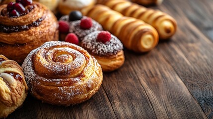 Fototapeta premium Different tasty freshly baked pastries on wooden table closeup : Generative AI