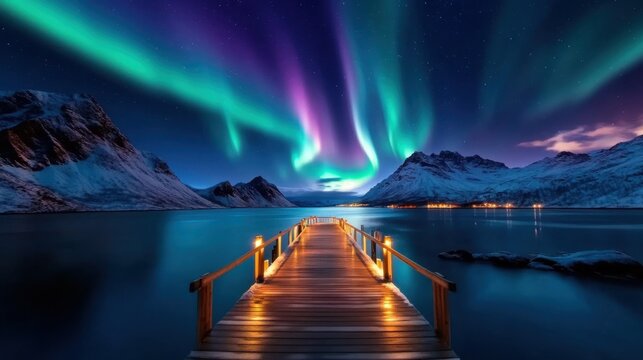 Stunning view of the aurora borealis illuminating a serene lake, with a wooden pier leading into the vibrant night sky.