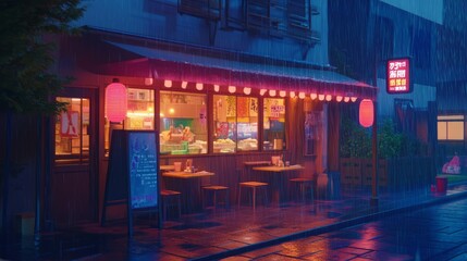 Rainy night in a Japanese city, a cozy eatery is illuminated with warm lights.