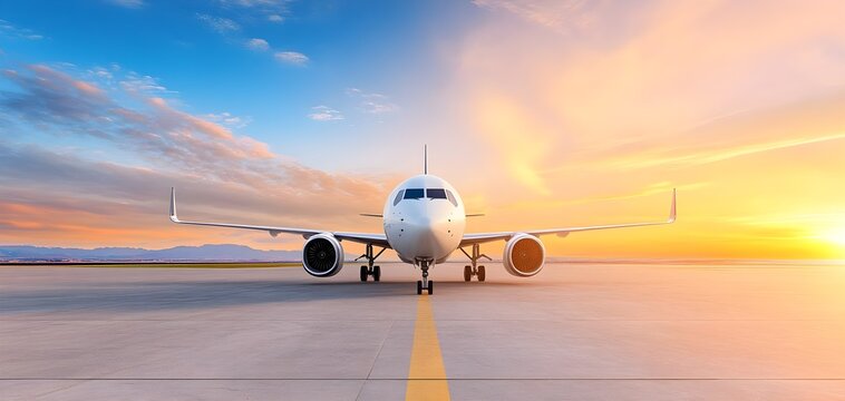 A majestic airplane on the runway, silhouetted against a vibrant sunset sky, ready for departure or arrival.