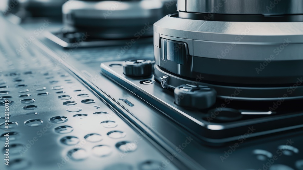 Poster close-up of a cleaning robotas docking station, focusing on the contact points and alignment guides.