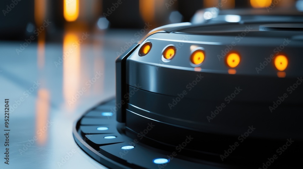 Poster close-up of a cleaning robotas docking station, focusing on the contact points and alignment guides.