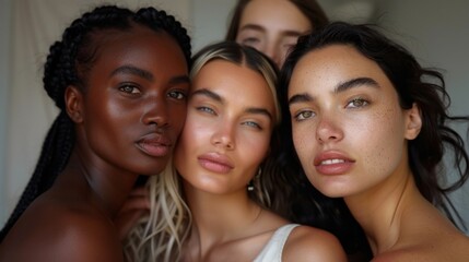 Four women with different skin tones are posing for a photo