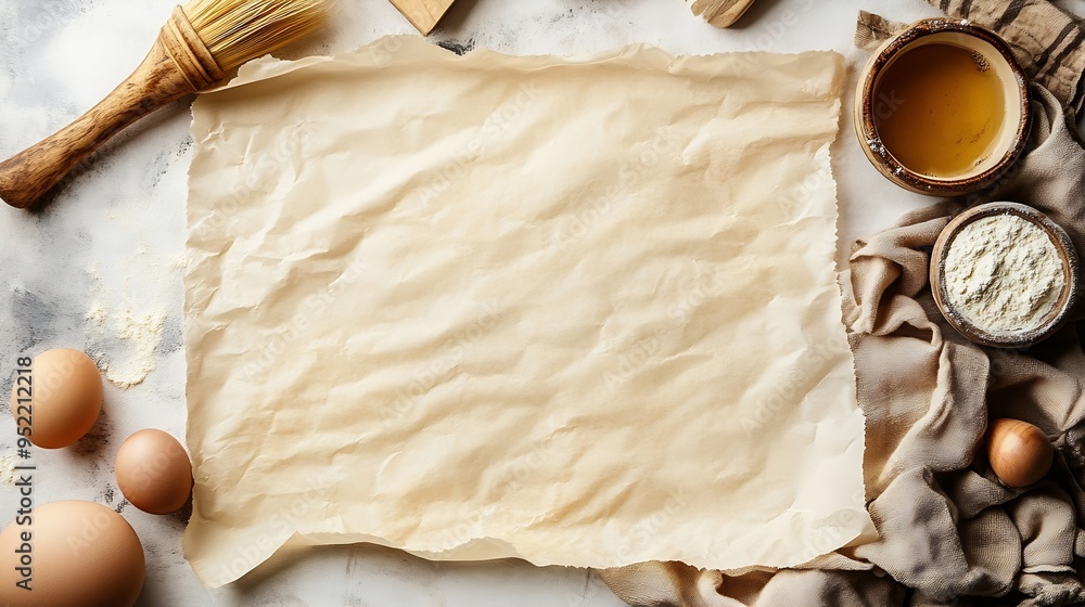 Poster top view with baking parchment empty on table background folded cloth for mockup with copy space fla