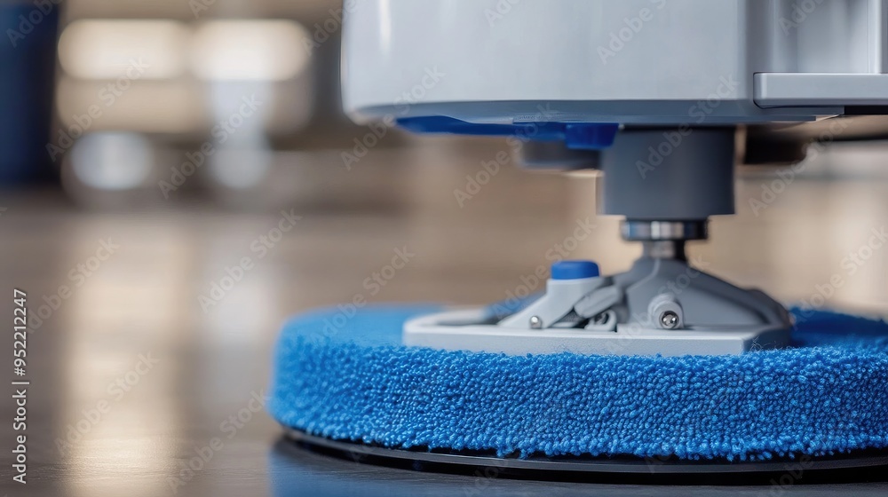 Poster close-up of a cleaning robotas mop attachment, focusing on the microfiber cloth and its securing mec