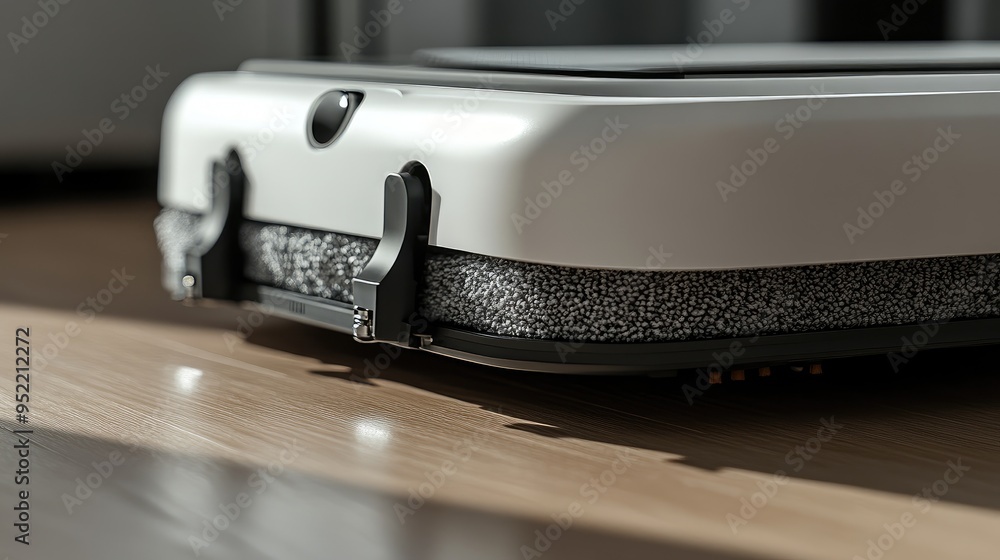 Poster close-up of a cleaning robotas mop attachment, focusing on the microfiber cloth and its securing mec