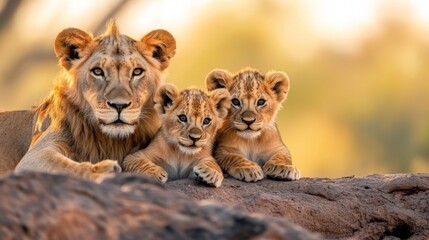 Obraz premium A serene moment of a lion family resting together, showcasing the bond between the mother and her adorable cubs in the wild.
