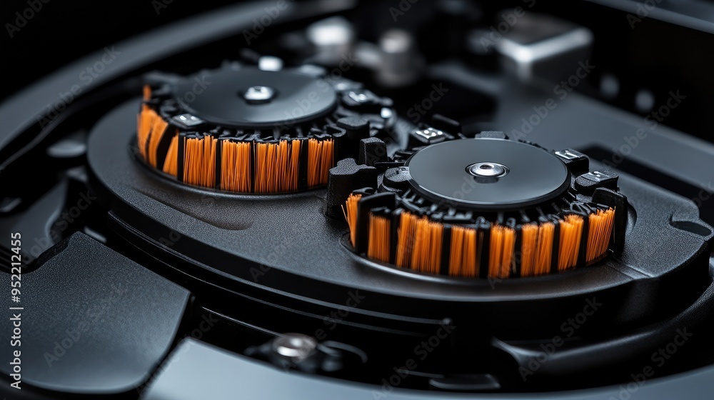 Poster close-up of a cleaning robot's side brushes, showing the fine bristles and rotating mechanism.