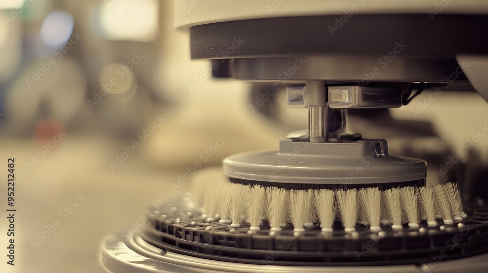 Poster close-up of a cleaning robot's side brushes, showing the fine bristles and rotating mechanism.