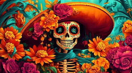 A vibrant Day of the Dead illustration featuring a traditional Mexican skull adorned with a sombrero hat. The design is set against a colorful floral background, celebrating the cultural richness and 