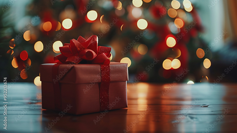 Poster festive red gift box placed on a wooden table with a blurred christmas tree in the backdrop