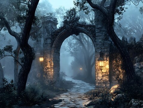 Enchanting Archway Leads to a Mysterious Autumn Forest Shrouded in Misty Fog
