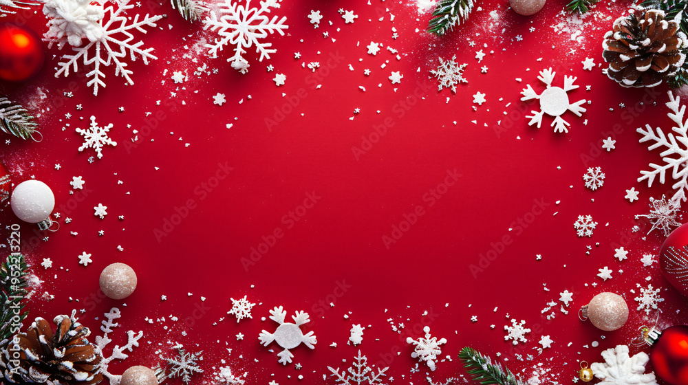 Poster Festive christmas border with empty space on red background for your holiday message