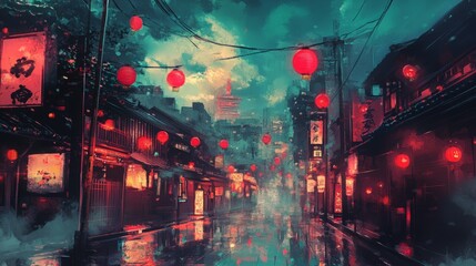 Obraz premium Red lanterns illuminate a rainy street in an Asian city.