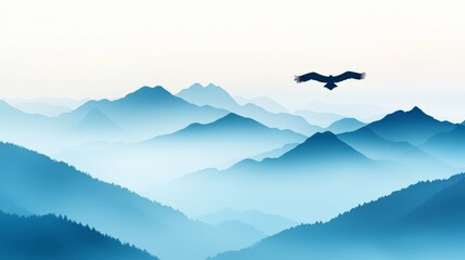 A serene scene featuring a bird soaring above majestic blue mountains, capturing the essence of freedom and tranquility.