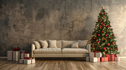 Stylish christmas interior with a festive tree, wrapped gifts, and a cozy couch