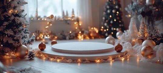 Obraz premium Winter Wonderland Christmas Setting with Snow and Golden Ornaments