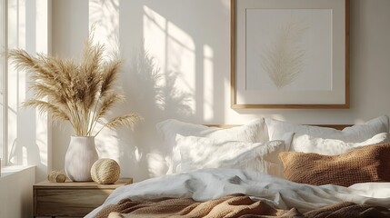 Elegant boho bedroom interior Vertical wooden picture frame mockup on old bedside table Cup of coffee Ball vase with dry grass Beige linen throw bedding White wall background Scandinav : Generative AI © The Little Hut