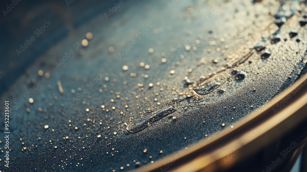 Poster close-up of a satellite dish with a thin layer of dust, focusing on the textured surface and the eff