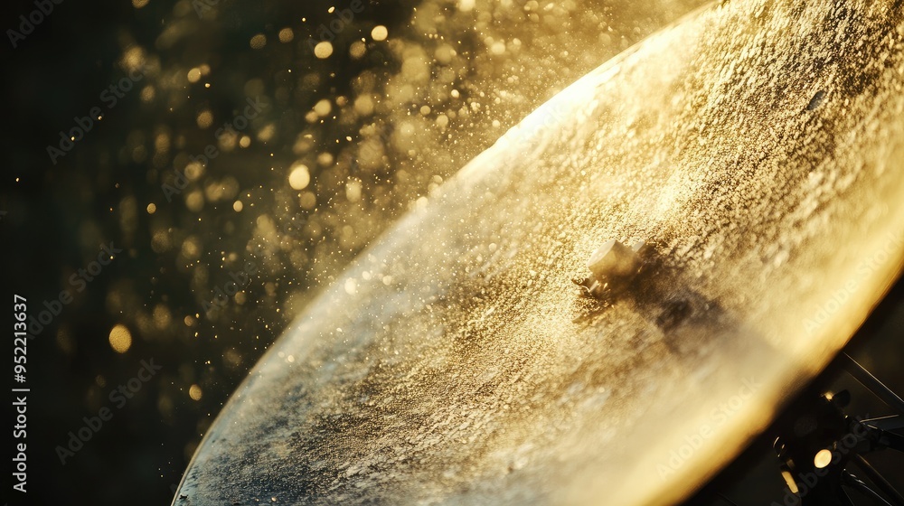 Poster close-up of a satellite dish with a thin layer of dust, focusing on the textured surface and the eff