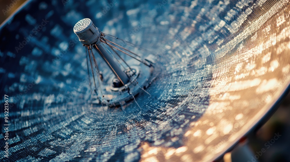 Poster close-up of a satellite dish with a thin layer of dust, focusing on the textured surface and the eff