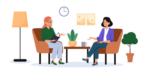 Two women engaged in conversation in a cozy living room setting during the afternoon