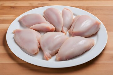 A selection of raw chicken breasts arranged neatly on a white plate ready for seasoning, AI Generated