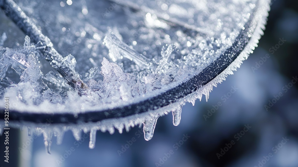 Poster close-up of a satellite dish with ice crystals on its surface, focusing on the frozen patterns and c
