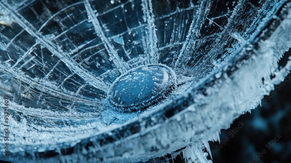 Poster close-up of a satellite dish with ice crystals on its surface, focusing on the frozen patterns and c