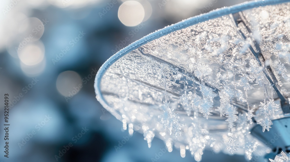 Poster close-up of a satellite dish with ice crystals on its surface, focusing on the frozen patterns and c