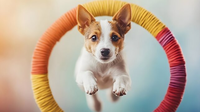 A playful dog jumping through a colorful hoop, showcasing agility and joy in a vibrant setting. pet training concept.