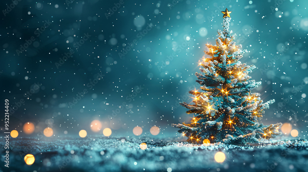 Poster snow-covered christmas tree with glowing lights and falling snow in the background
