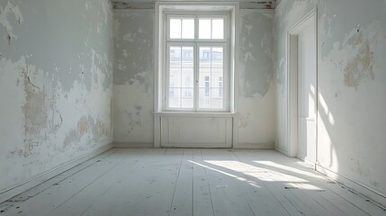 Fototapeta premium Interior of a small empty room with one window during renovation : Generative AI