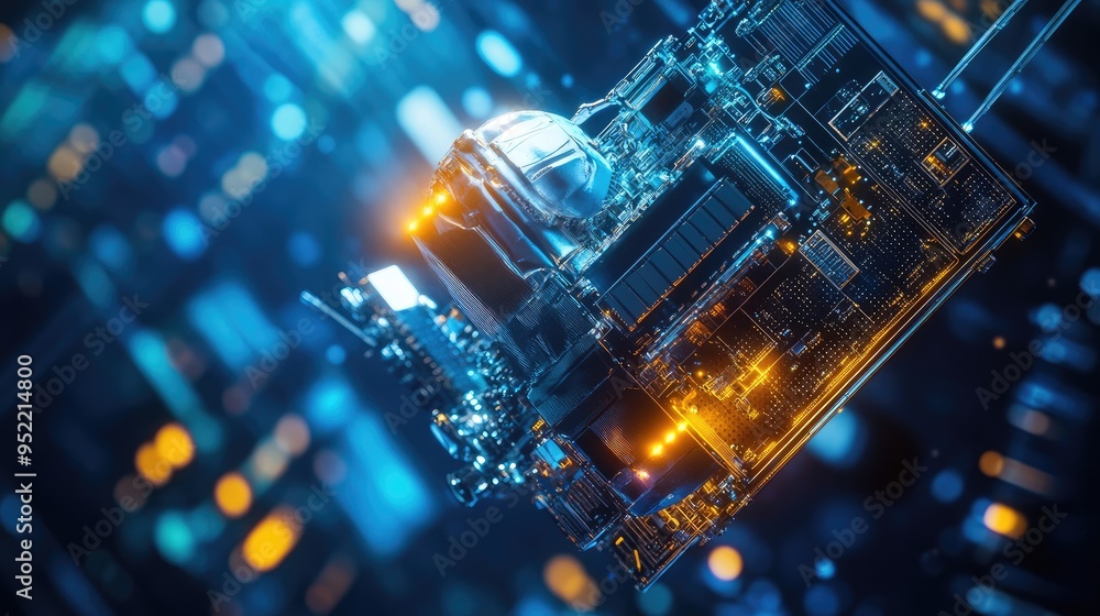 Poster close-up of a satellite with focus on its data transmission components, capturing the precision of t
