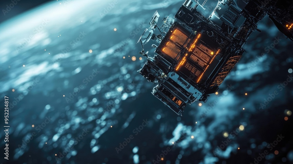 Poster close-up of a satellite with focus on its data transmission components, capturing the precision of t