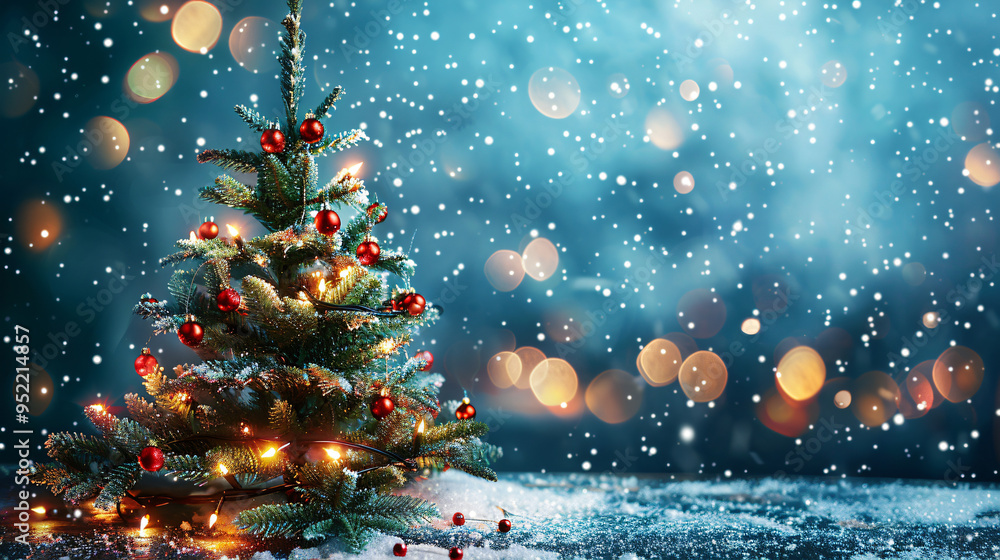 Aufkleber snowy christmas tree adorned with lights and red ornaments against a sparkling blue background