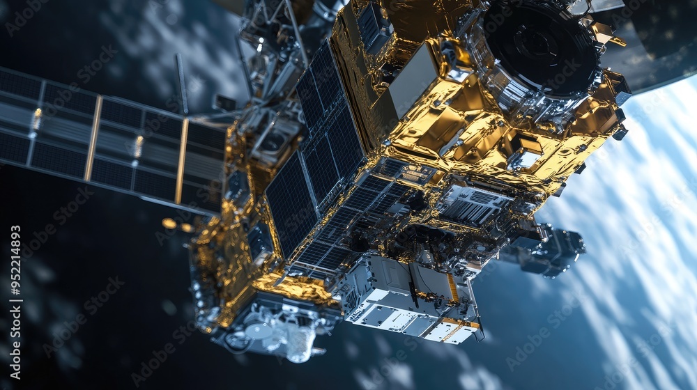 Poster close-up of a satellite with focus on its signal transceiver, highlighting the complex components.