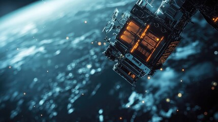 Close-up of a satellite with focus on its data transmission components, capturing the precision of the electronics.