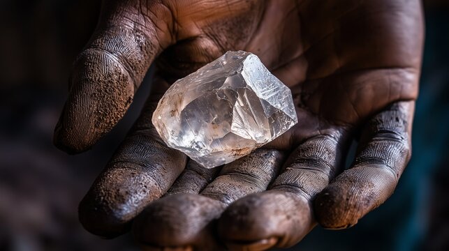 A miner's dirty hand holding a raw diamond, symbolizing the raw beauty and value of diamonds extracted from the earth.
