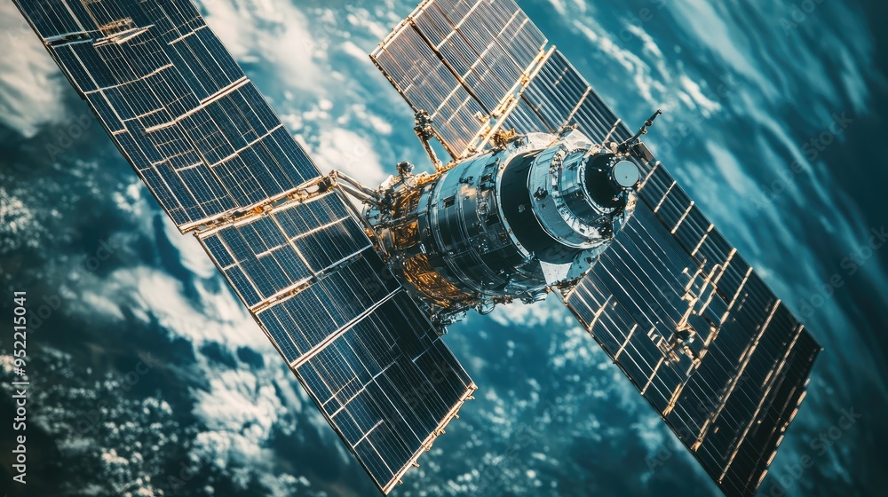 Aufkleber close-up of a satellite with focus on its solar panels, capturing the intricate grid pattern of the 