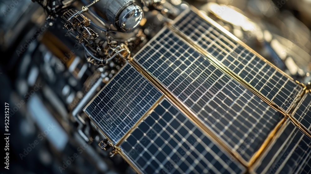 Poster close-up of a satellite with focus on the solar panels, capturing the reflective quality and grid pa