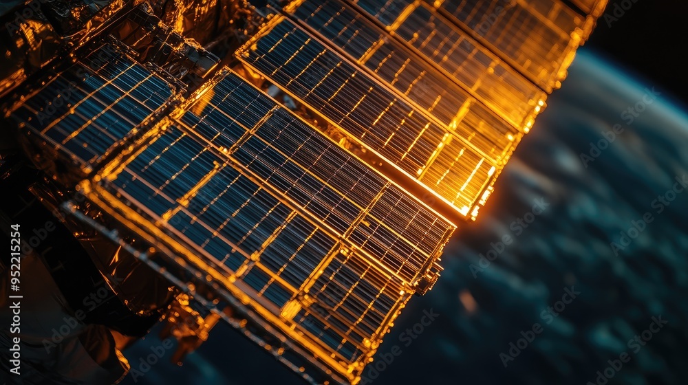 Poster close-up of a satellite with focus on the solar panels, capturing the reflective quality and grid pa